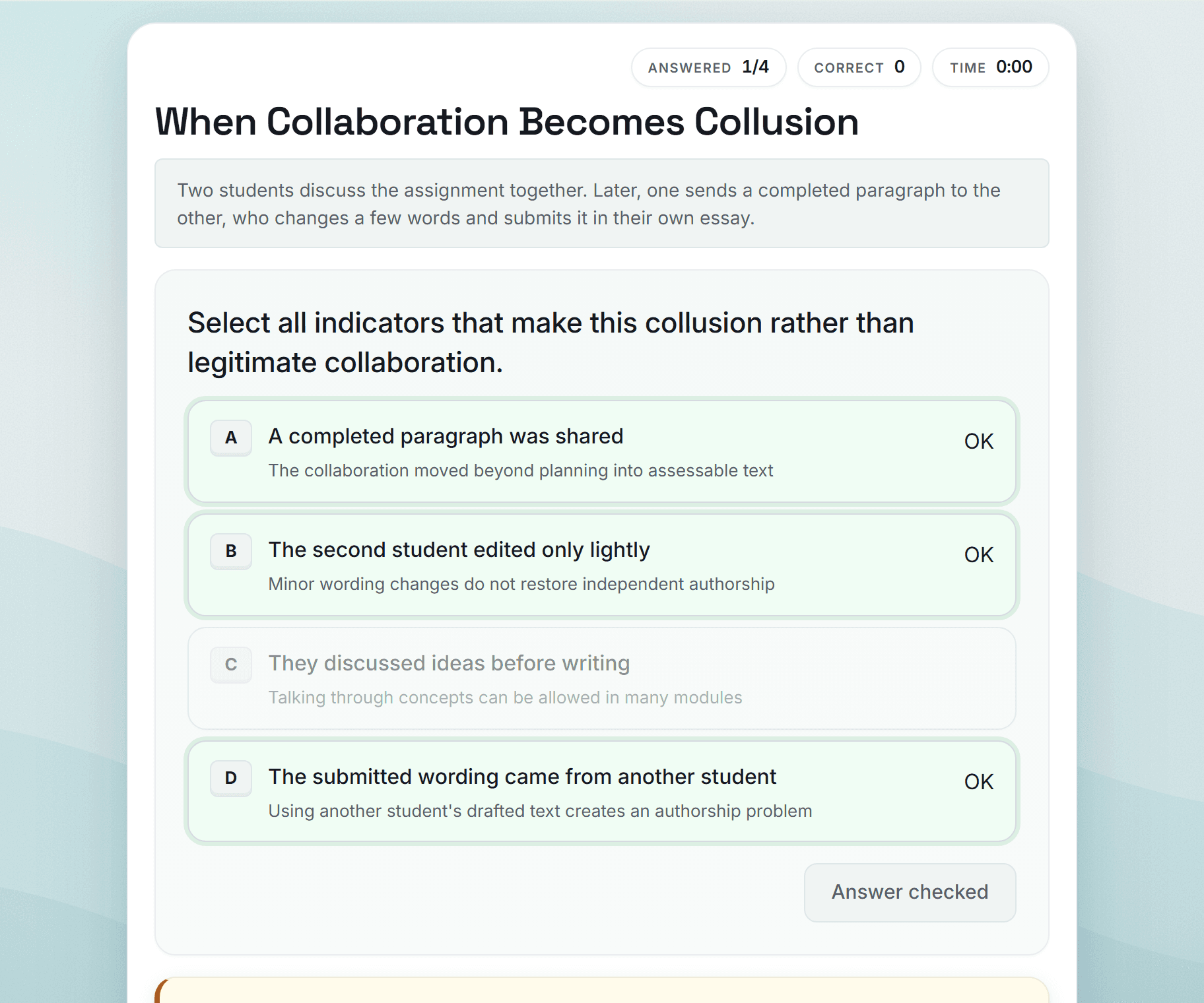 Preview screenshot of the Academic Integrity and Responsible AI: Student Decisions in Practice example
