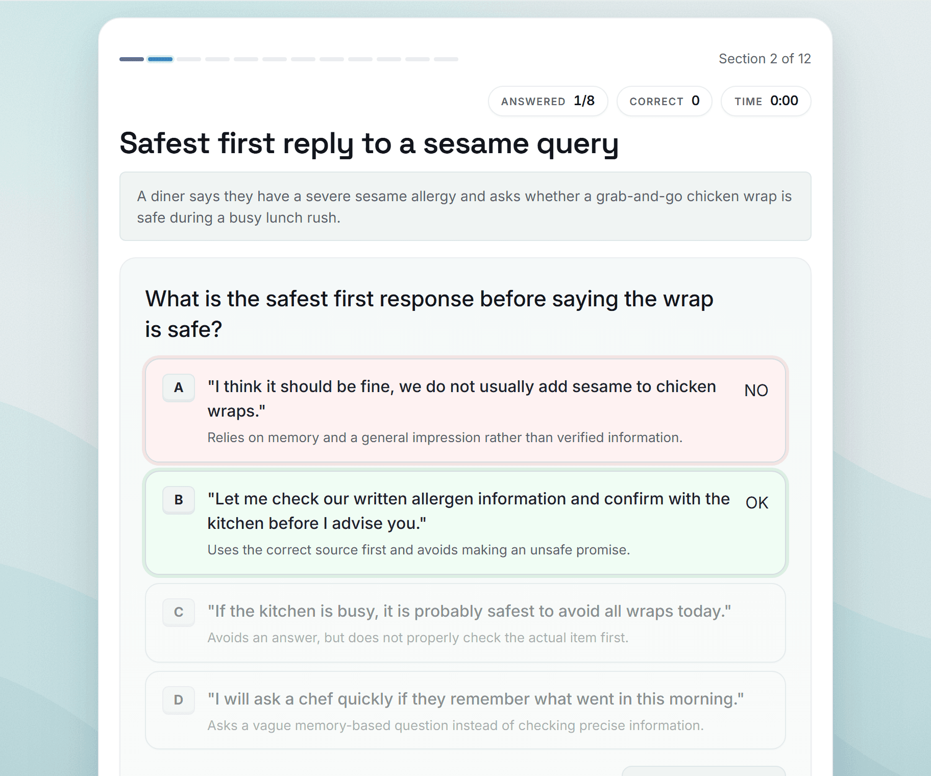 Preview screenshot of the Food Allergen Awareness for Front-of-House Staff: UK Practical Quiz example